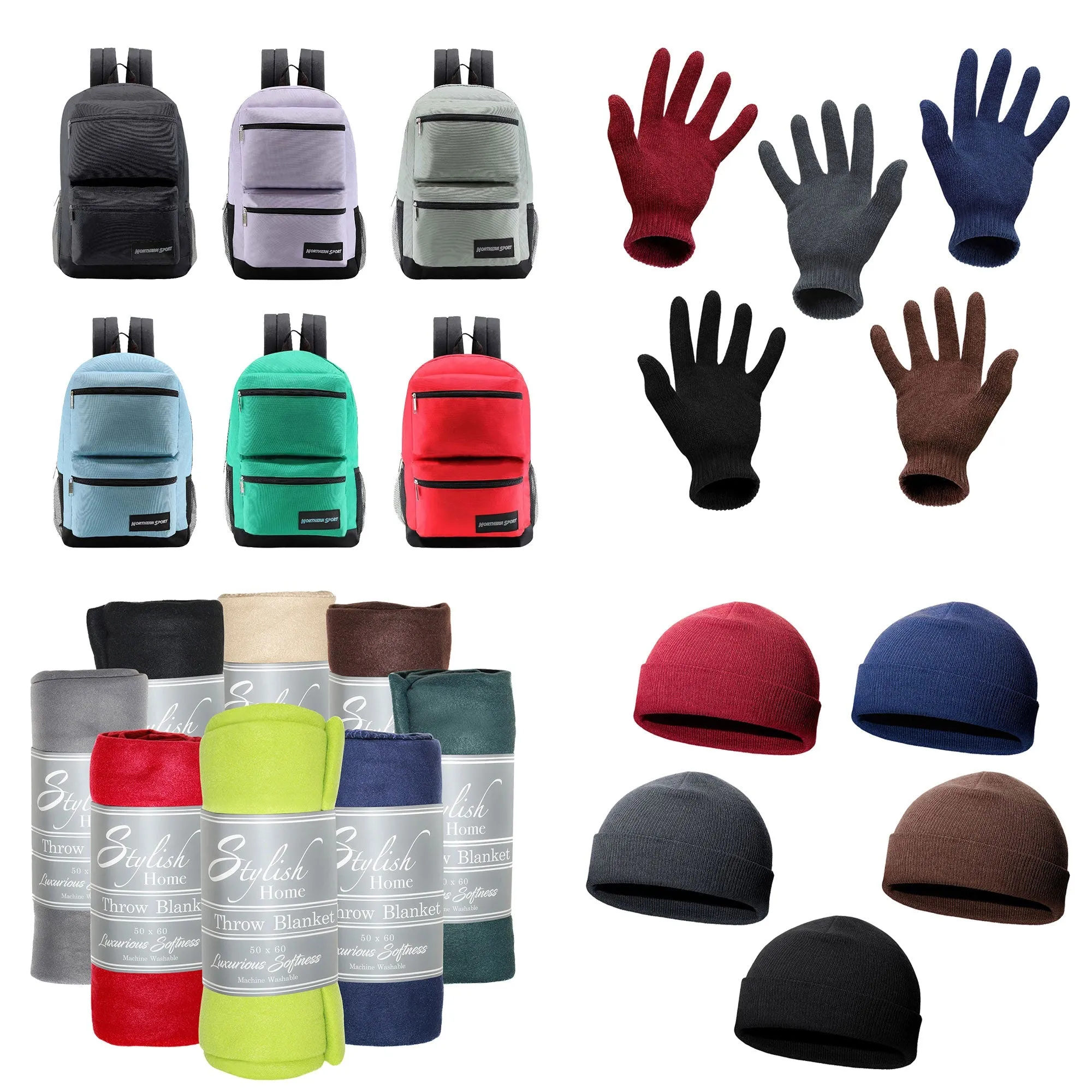 12 Deluxe 17" Backpacks & Your Choice of 12 Winter Item Sets - Wholesale Care Package: Homeless, Emergency, Charity