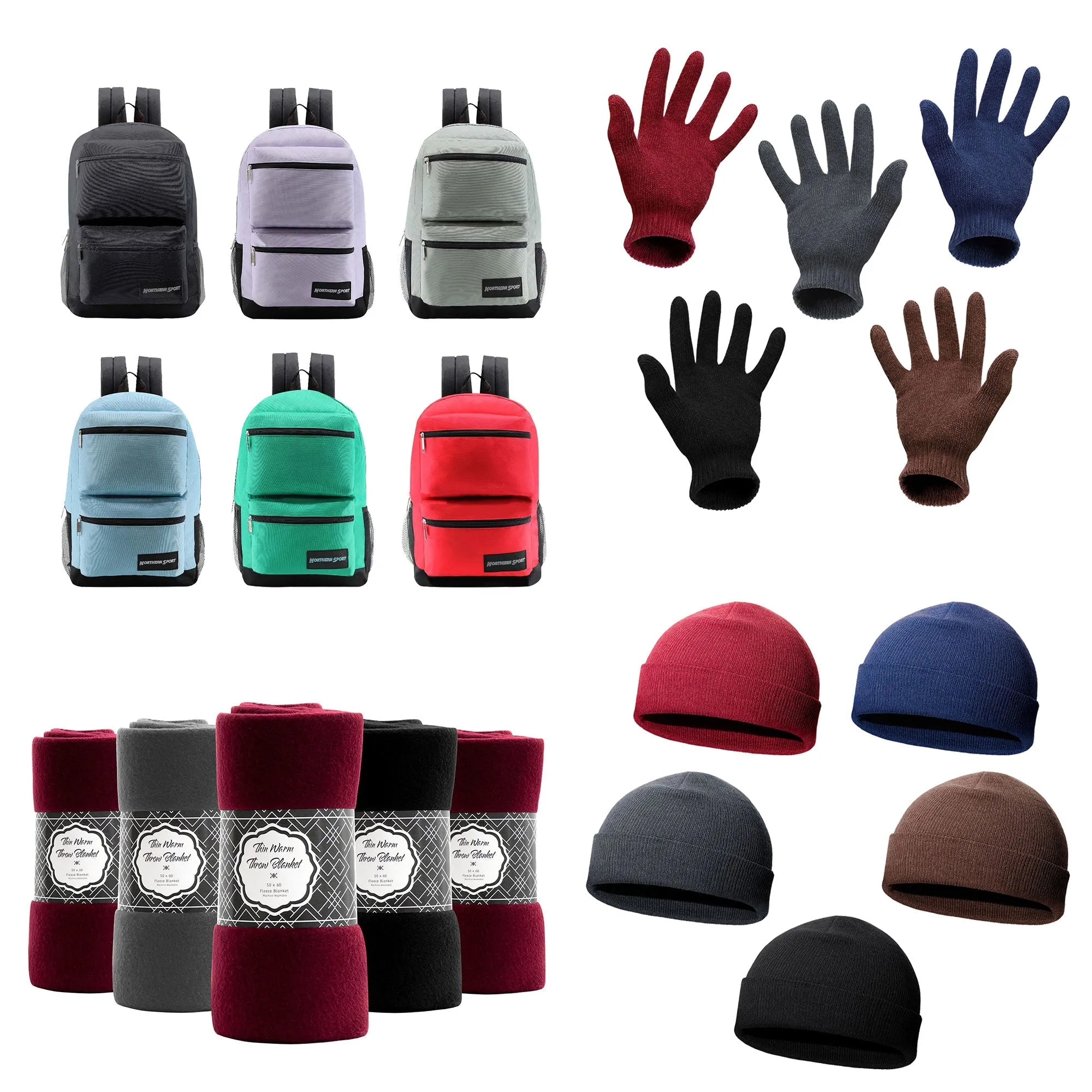 12 Deluxe 17" Backpacks & Your Choice of 12 Winter Item Sets - Wholesale Care Package: Homeless, Emergency, Charity