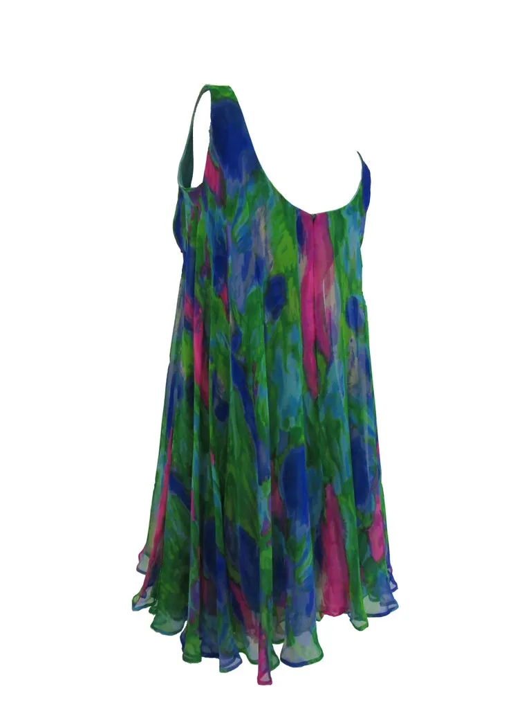 1960s Psychedelic Jerry Silverman Silk Low Back Mini Dress with Organza Overlay
