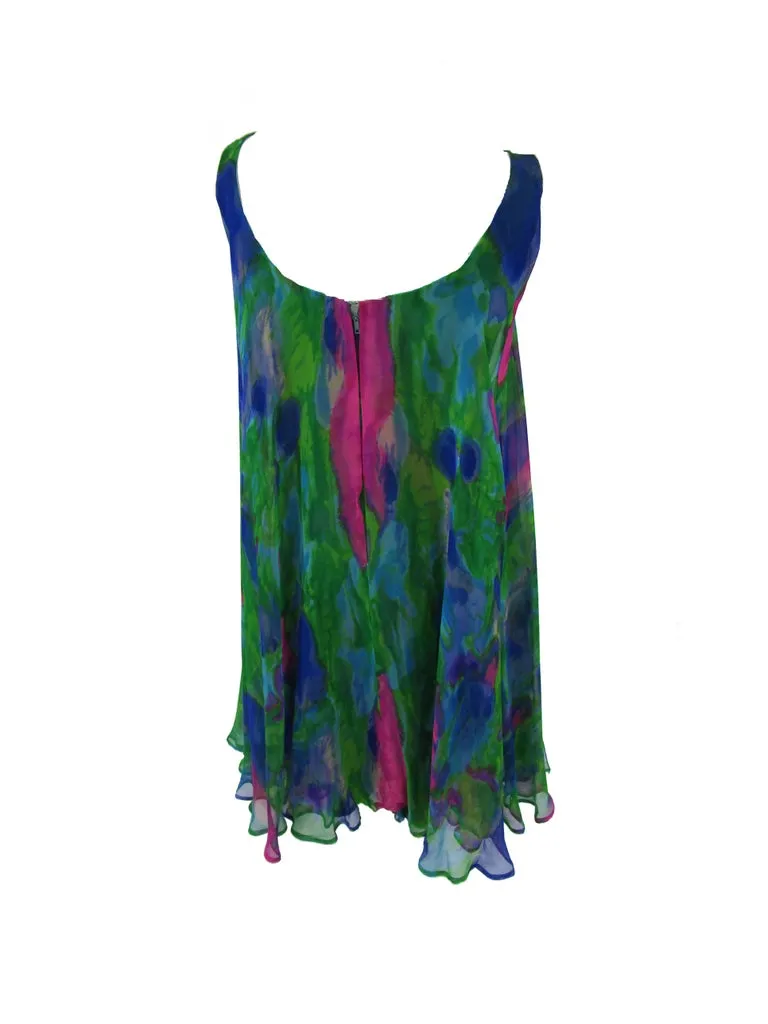 1960s Psychedelic Jerry Silverman Silk Low Back Mini Dress with Organza Overlay