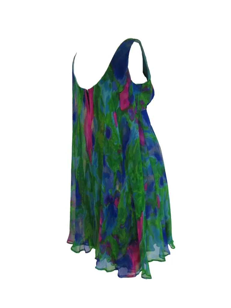 1960s Psychedelic Jerry Silverman Silk Low Back Mini Dress with Organza Overlay