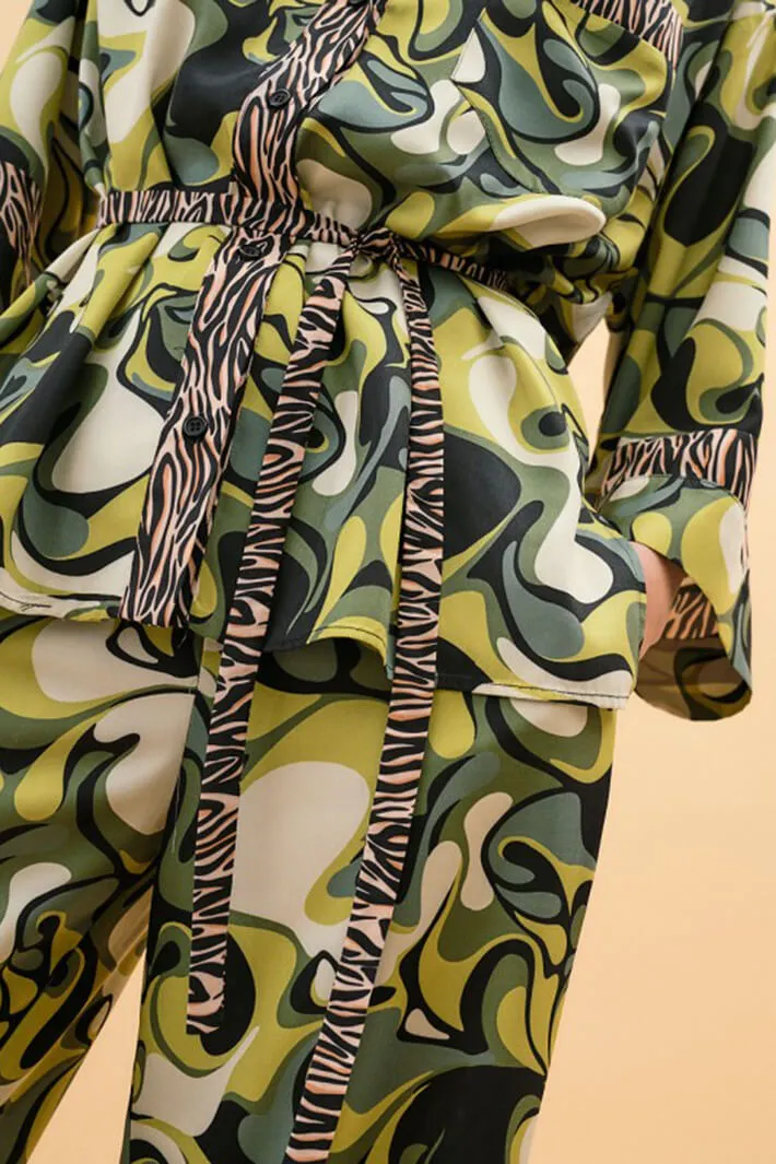 Access Fashion 7019 Green Print Shirt With Zebra Stripes