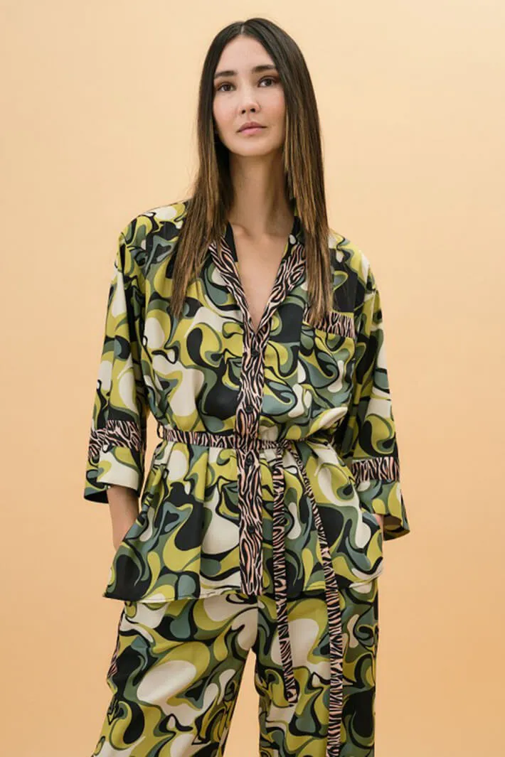 Access Fashion 7019 Green Print Shirt With Zebra Stripes