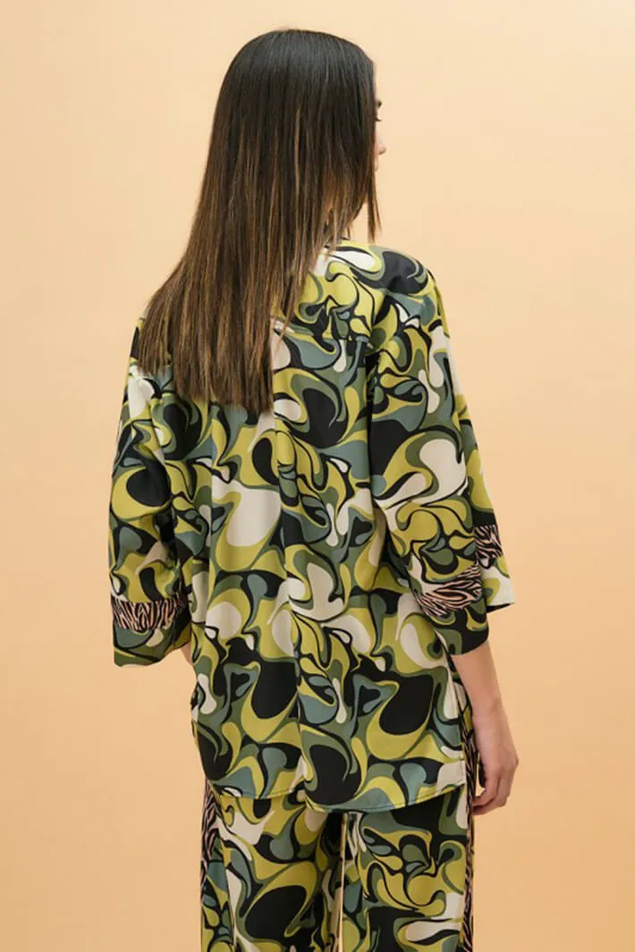 Access Fashion 7019 Green Print Shirt With Zebra Stripes