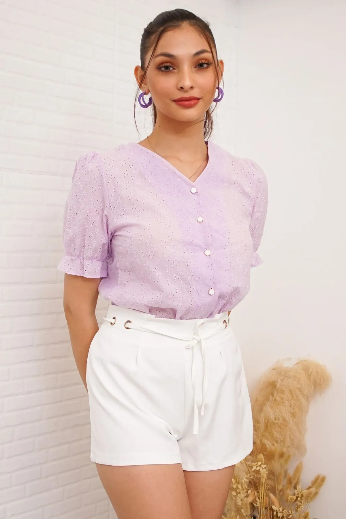 ALIVIA Buttoned Puff-Sleeve Eyelet Top (Lilac)