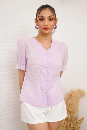 ALIVIA Buttoned Puff-Sleeve Eyelet Top (Lilac)