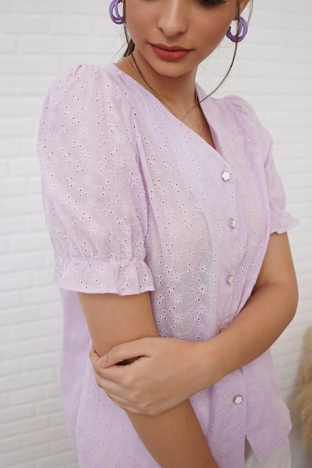ALIVIA Buttoned Puff-Sleeve Eyelet Top (Lilac)