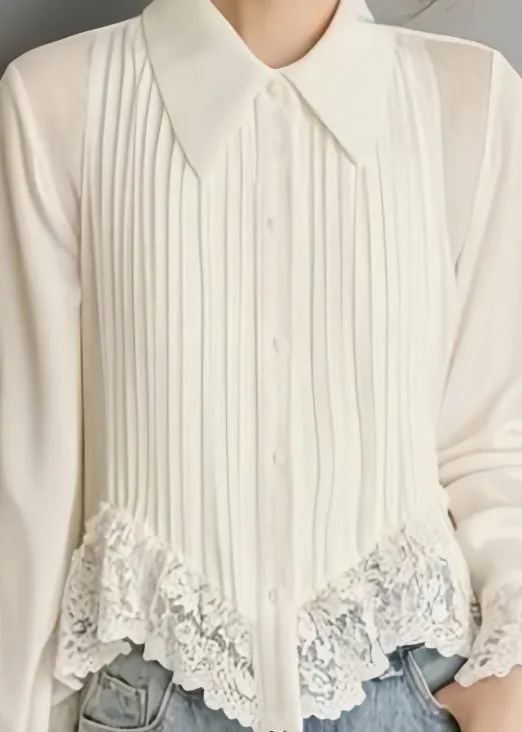 Art White Button Lace Solid Chiffon Blouses Spring RV040