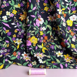 Autumn Flowers Black Viscose Poplin Fabric