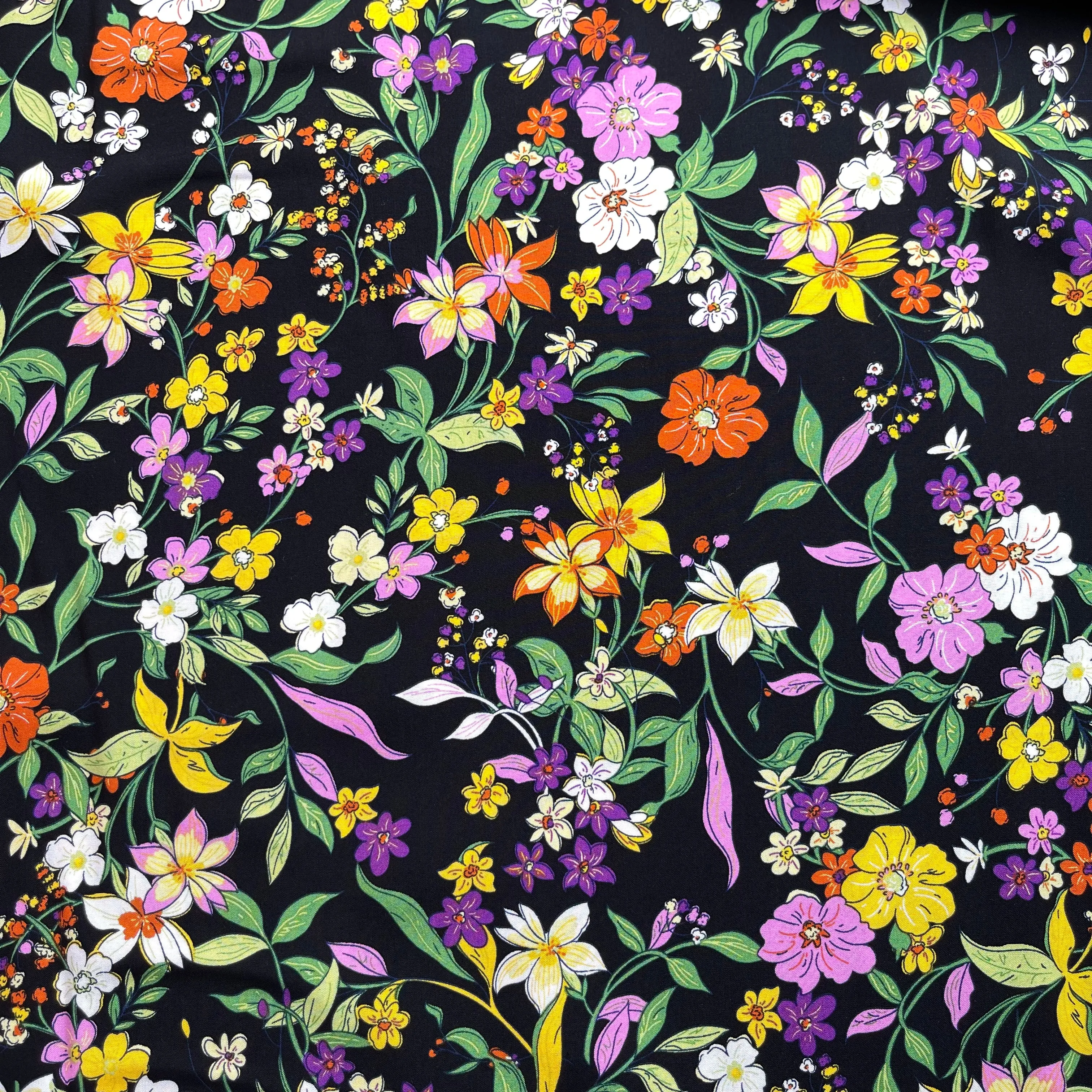 Autumn Flowers Black Viscose Poplin Fabric