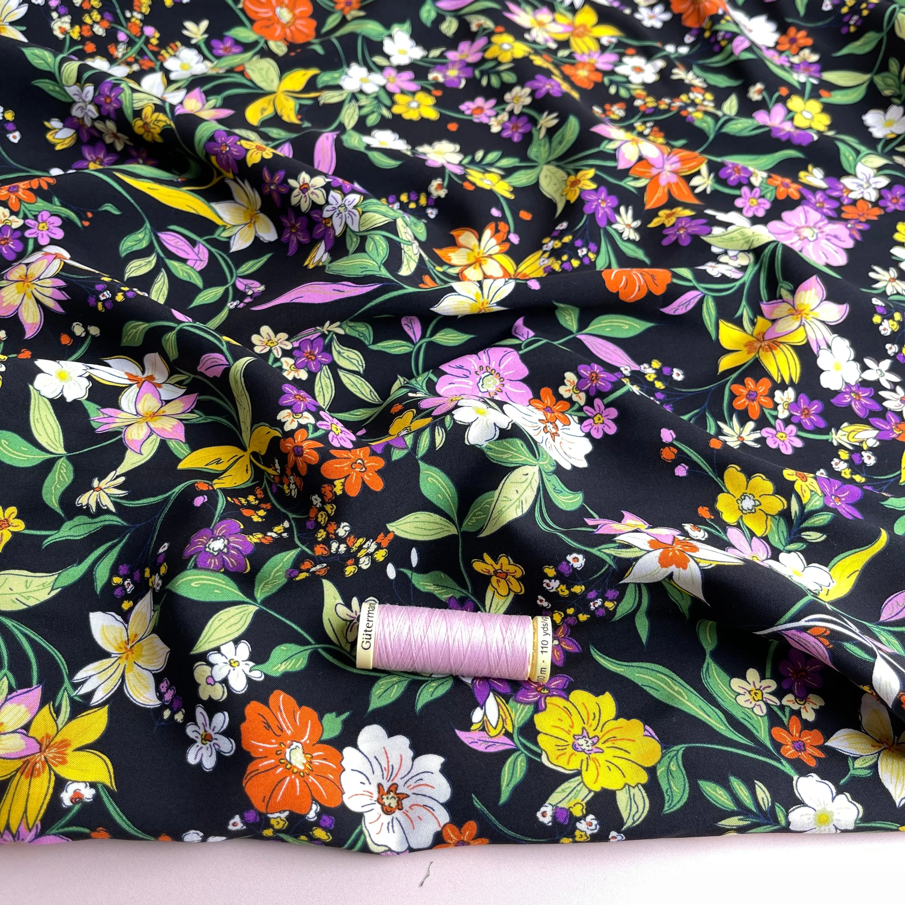 Autumn Flowers Black Viscose Poplin Fabric