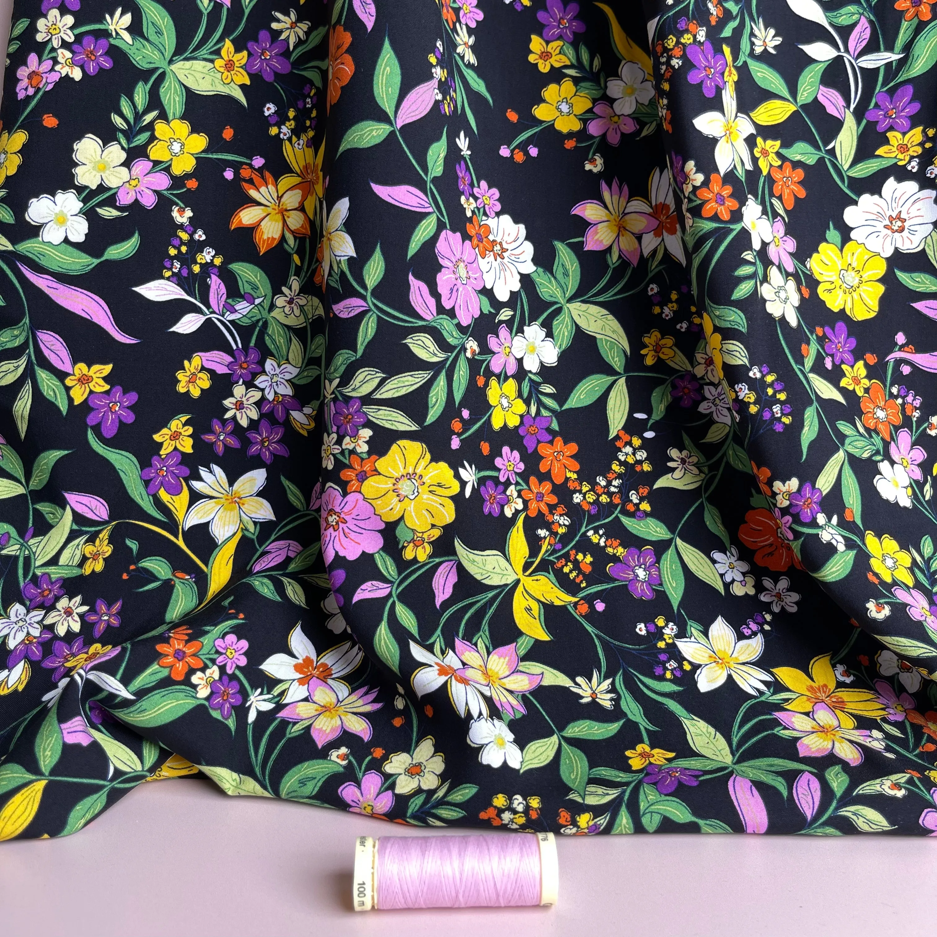 Autumn Flowers Black Viscose Poplin Fabric