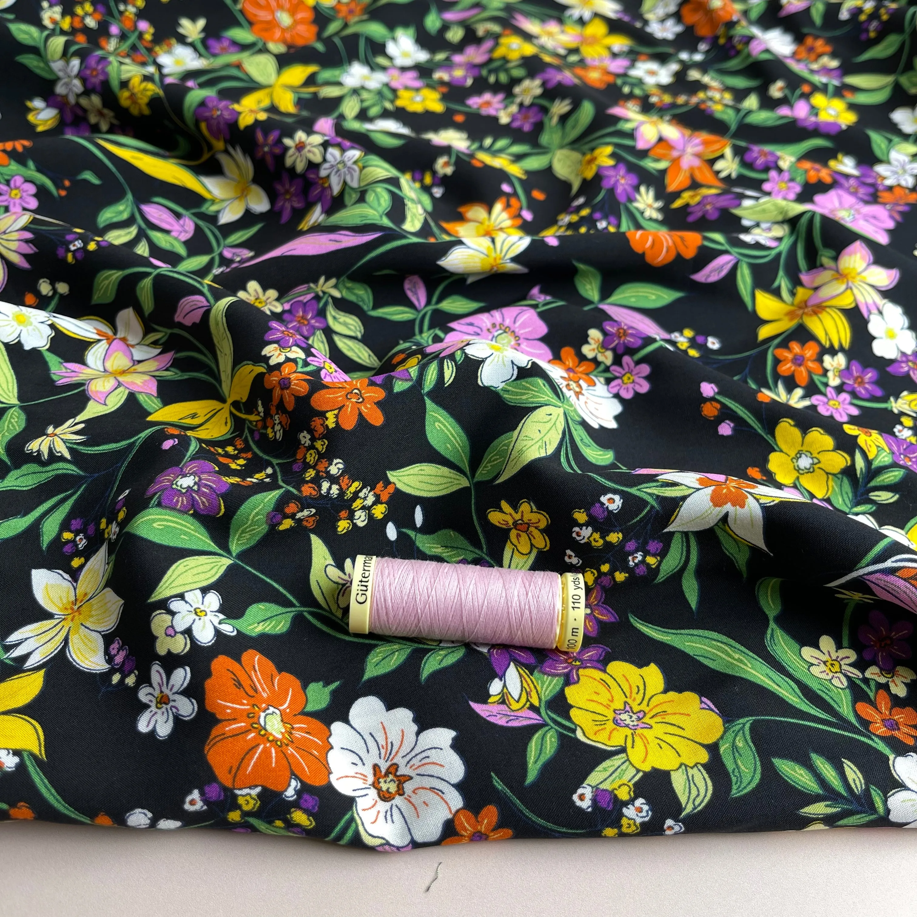 Autumn Flowers Black Viscose Poplin Fabric