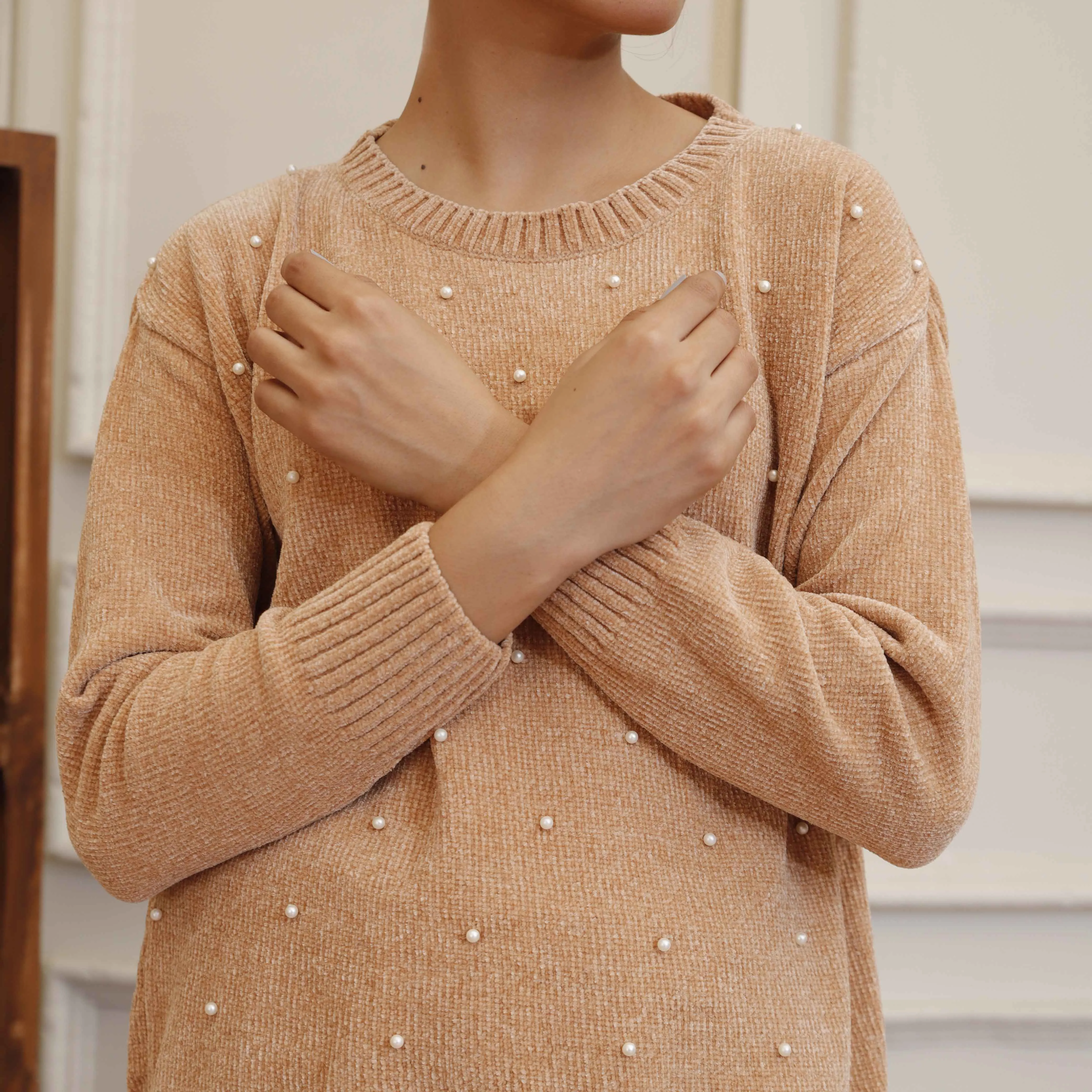 Beige Velvet Sweater with Beads on Front PW4829