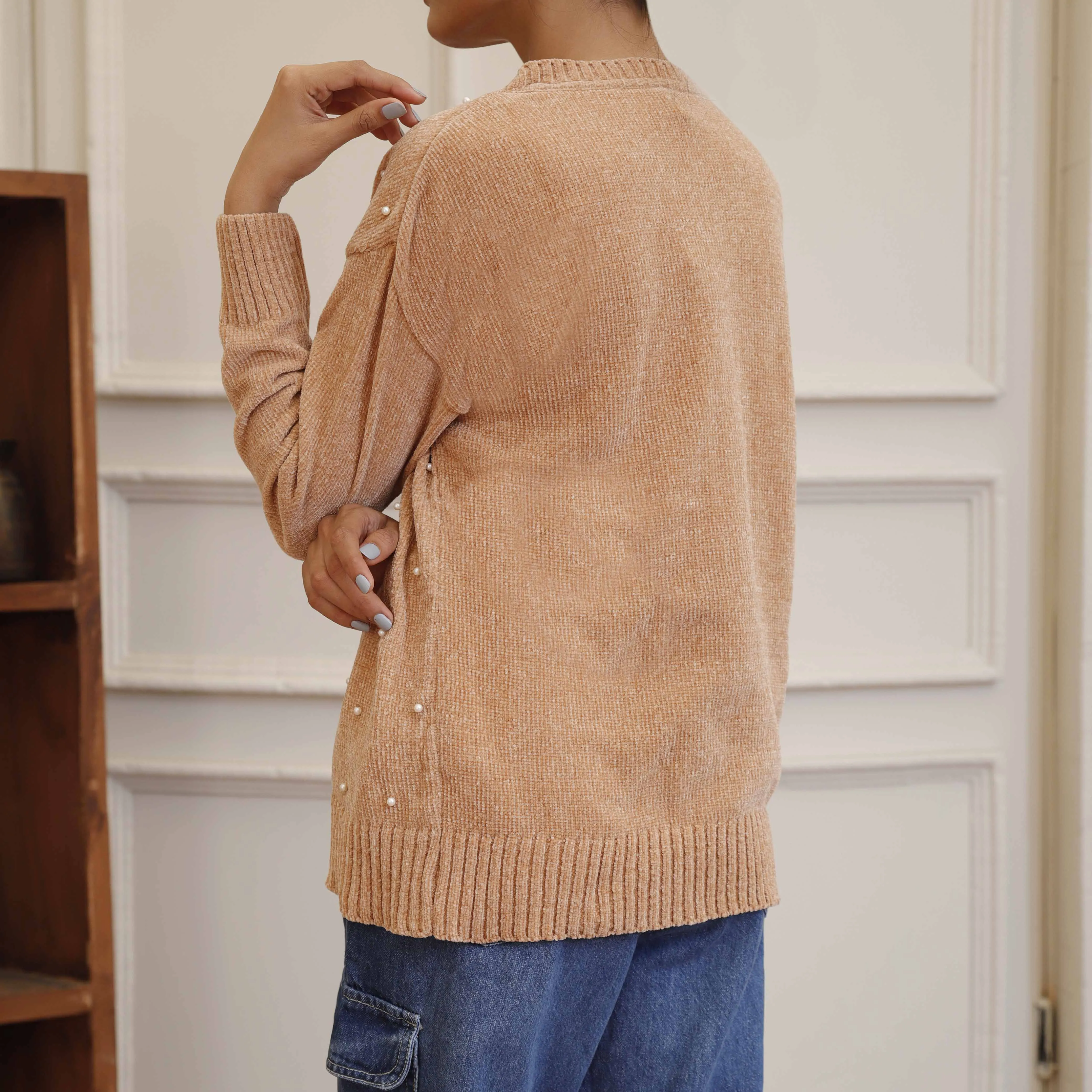 Beige Velvet Sweater with Beads on Front PW4829