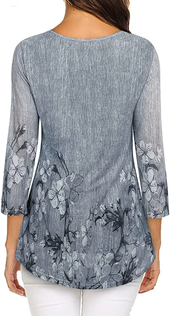Blue White Women's Casual 3/4 Sleeve Tunic Tops Floral Double Layers Blouses Loose Fit Pleated Mesh Shirts - Timeson