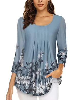 Blue White Women's Casual 3/4 Sleeve Tunic Tops Floral Double Layers Blouses Loose Fit Pleated Mesh Shirts - Timeson