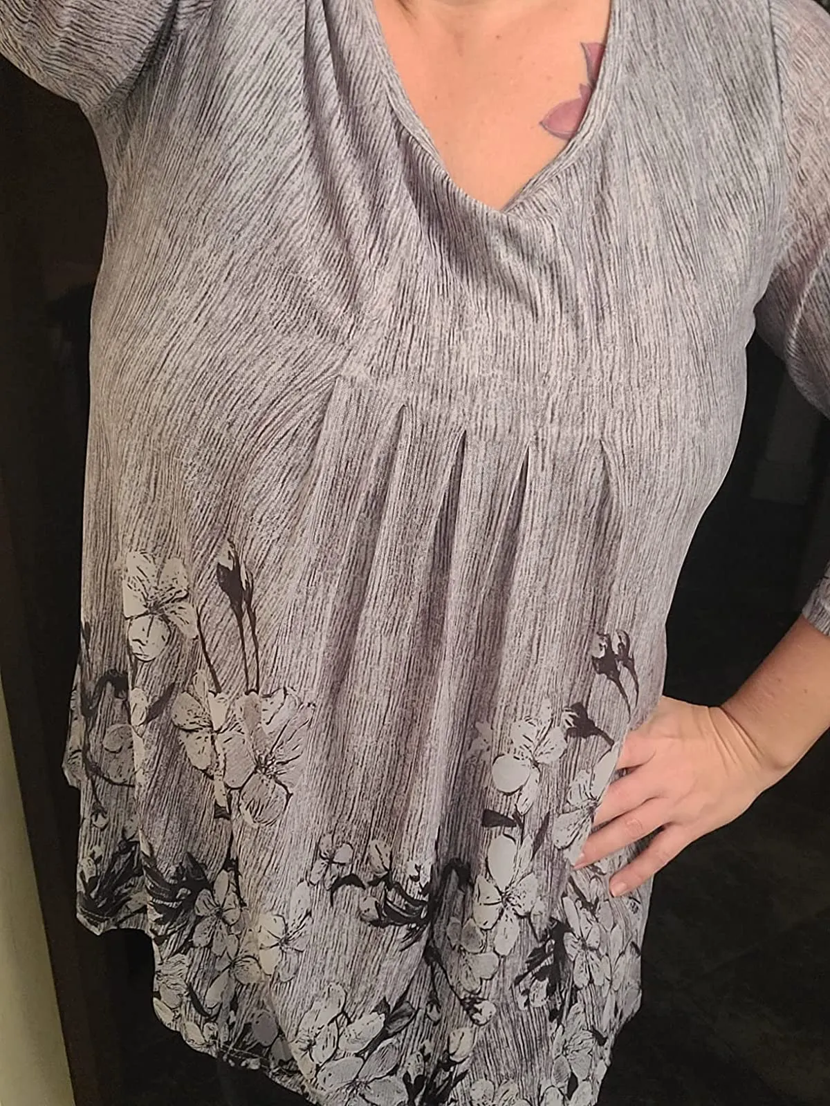 Blue White Women's Casual 3/4 Sleeve Tunic Tops Floral Double Layers Blouses Loose Fit Pleated Mesh Shirts - Timeson