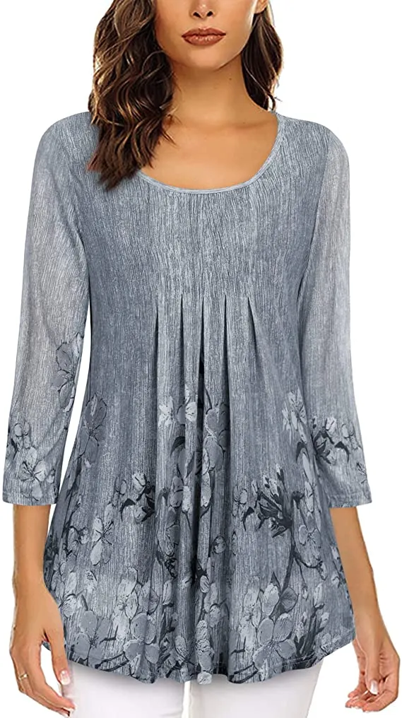 Blue White Women's Casual 3/4 Sleeve Tunic Tops Floral Double Layers Blouses Loose Fit Pleated Mesh Shirts - Timeson