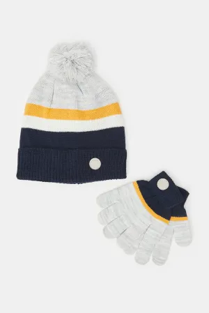 Boys Navy And Grey Knitted Cap With Gloves (Pack of 2)