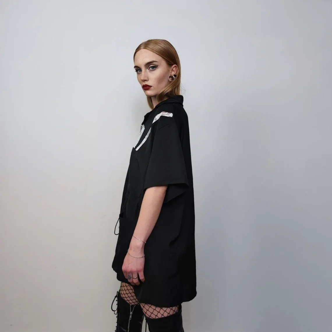 Cargo pocket shirt dress short sleeve geometric crotchet top mesh blouse oversize beam gothic top bondage sweatshirt utility jumper in black