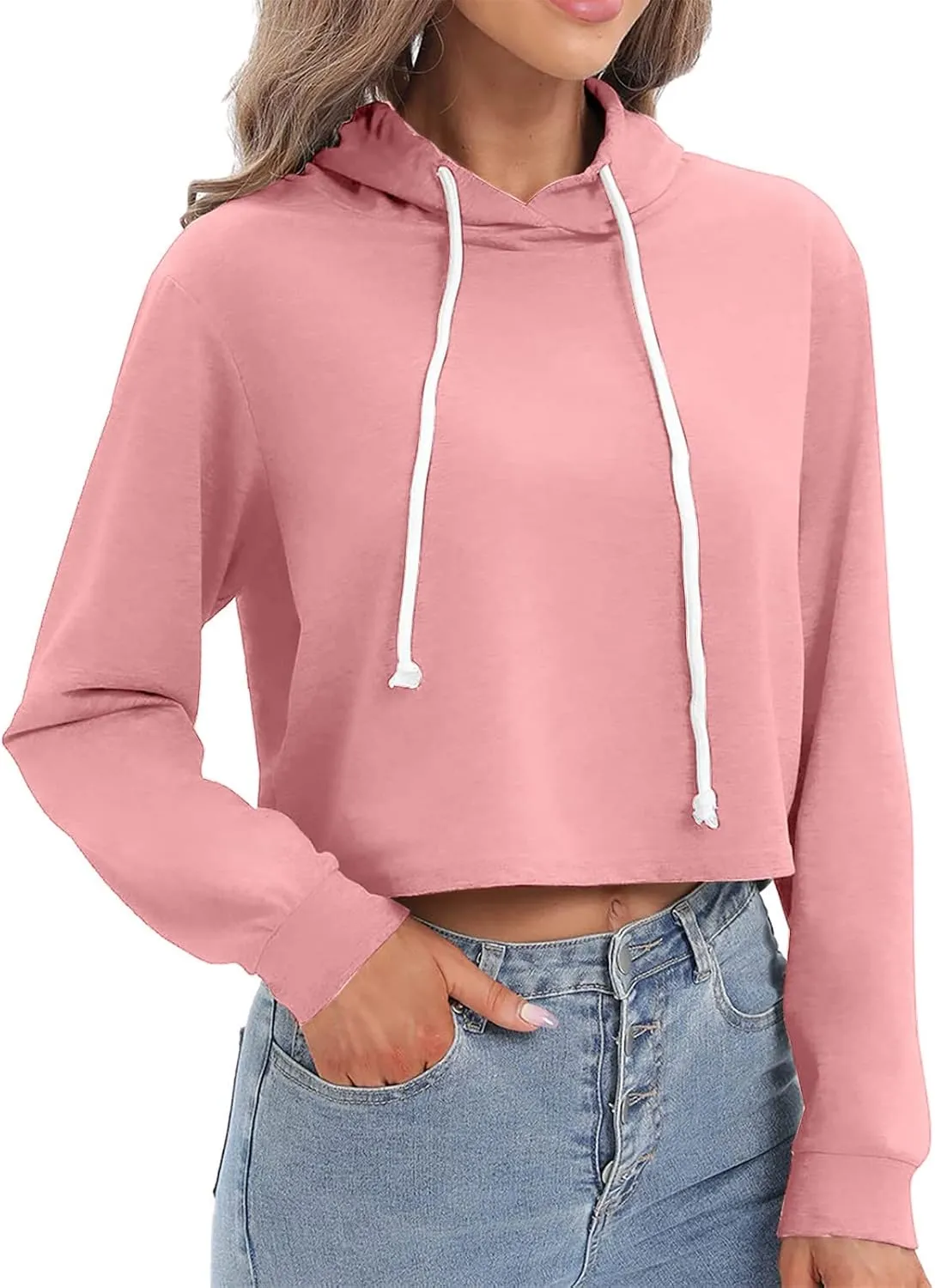 Ceboyel Women Cropped Hoodie Drawstring Pullover Sweatshirt Long Sleeve Workout Tops Trendy Y2k Teen Girls Clothes