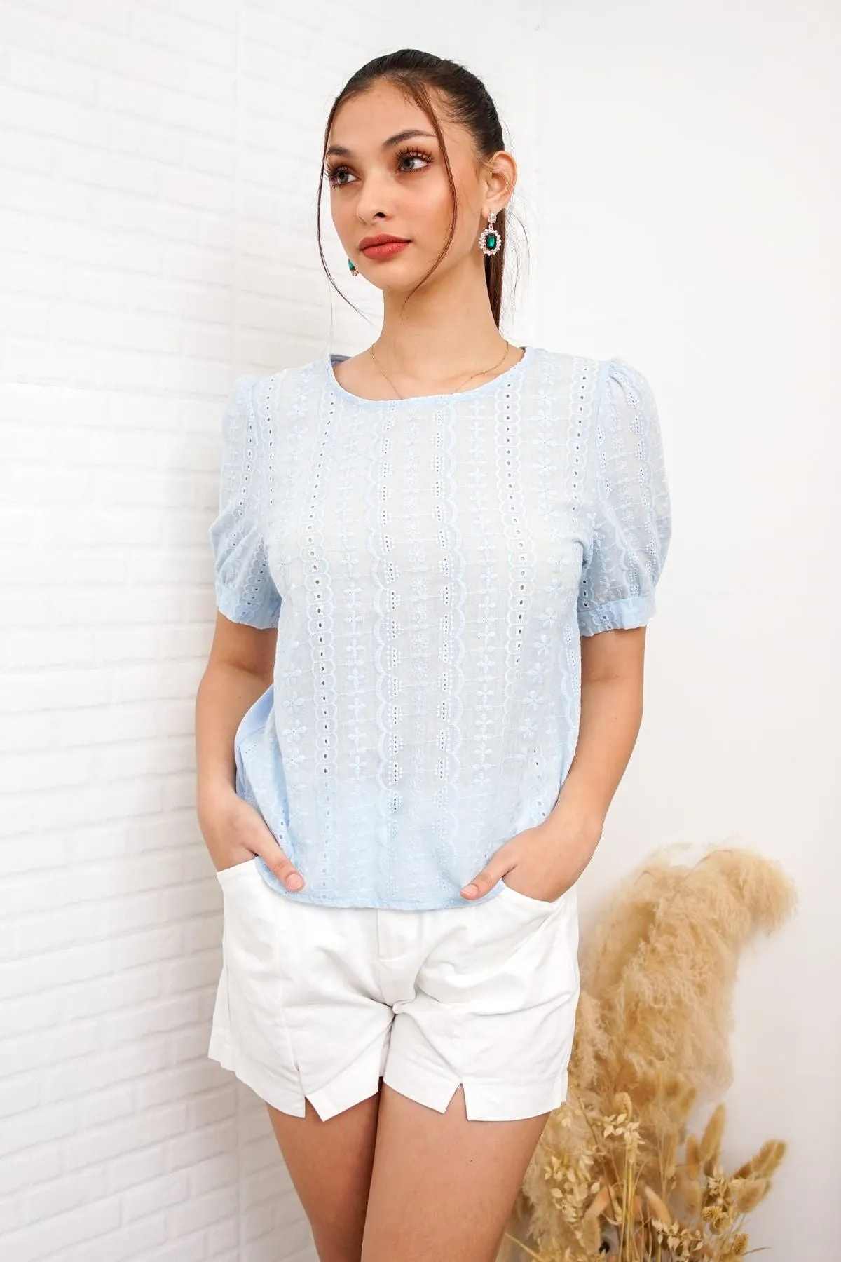 CHARLEE Puff-Sleeve Eyelet Top (Powder Blue)