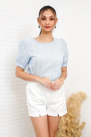 CHARLEE Puff-Sleeve Eyelet Top (Powder Blue)
