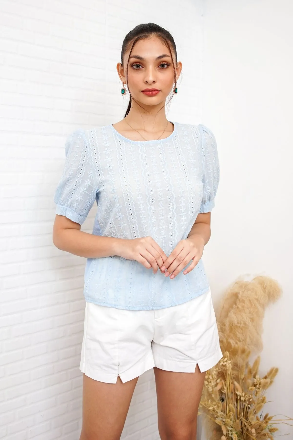 CHARLEE Puff-Sleeve Eyelet Top (Powder Blue)