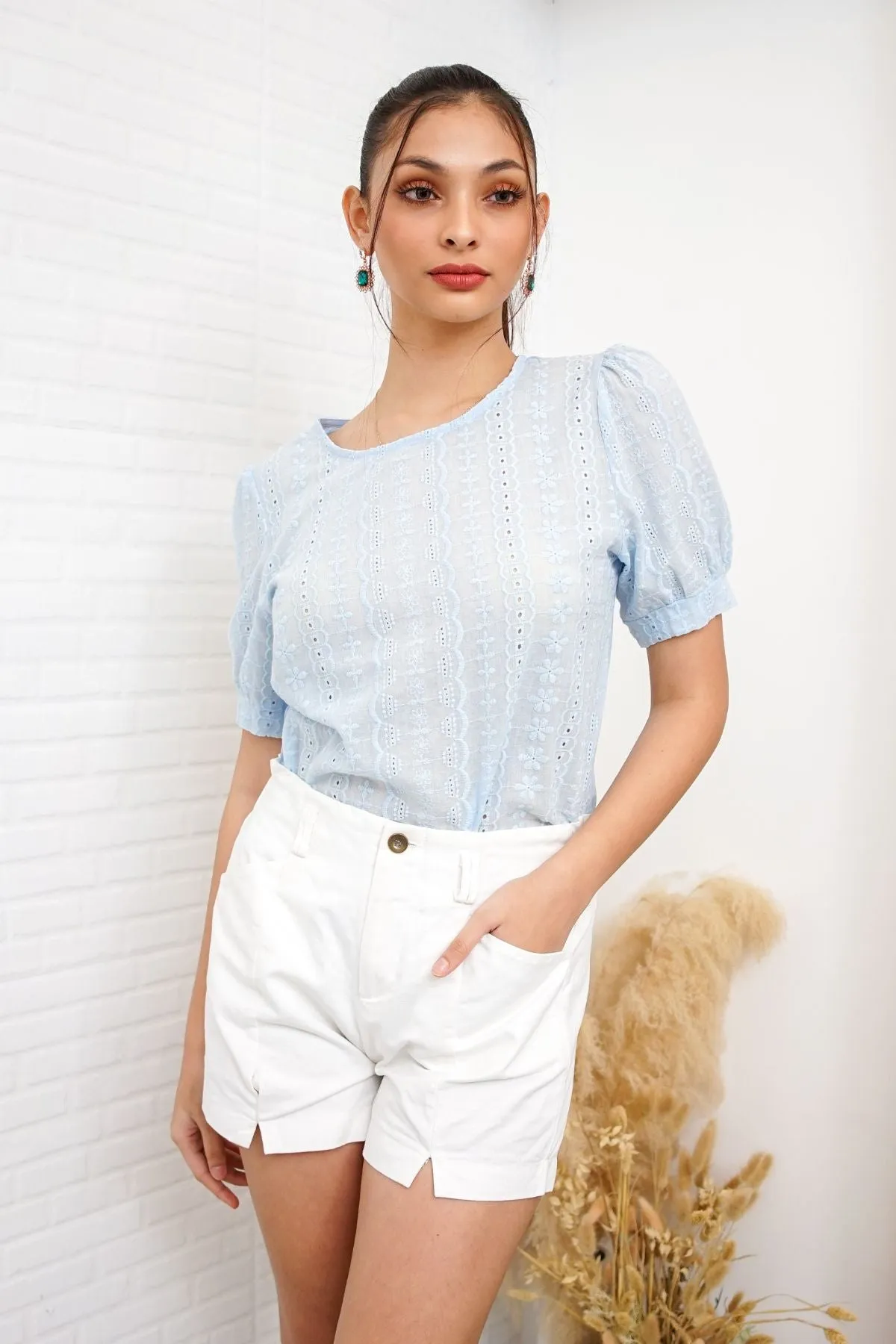 CHARLEE Puff-Sleeve Eyelet Top (Powder Blue)