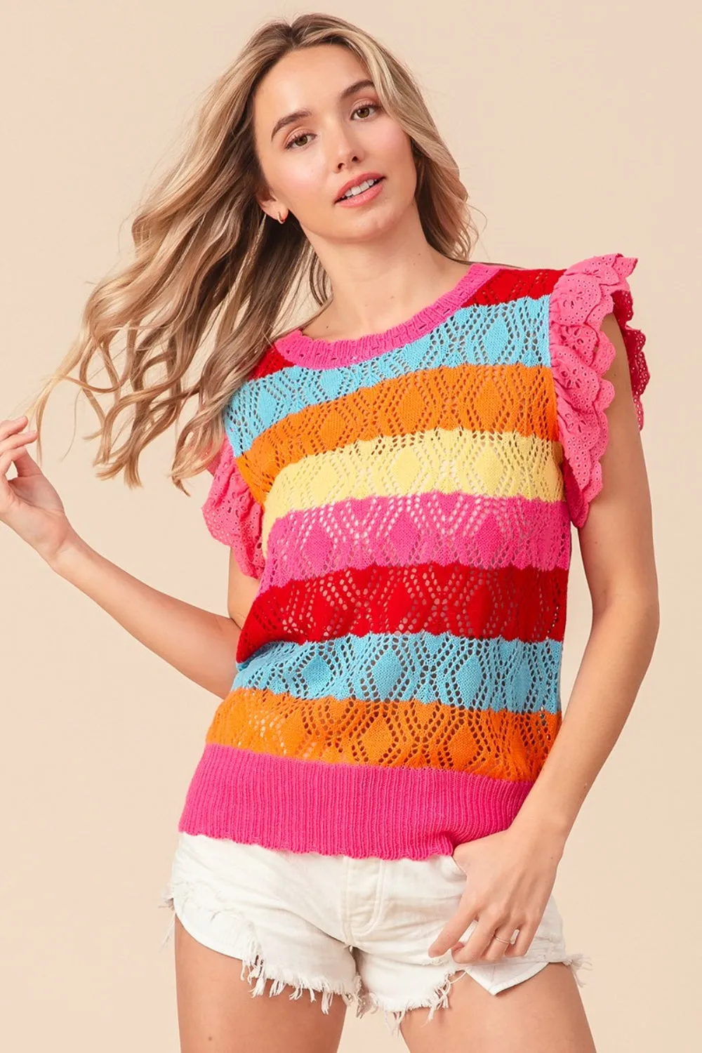 Dina Pointelle Striped Ruffled Knit Top