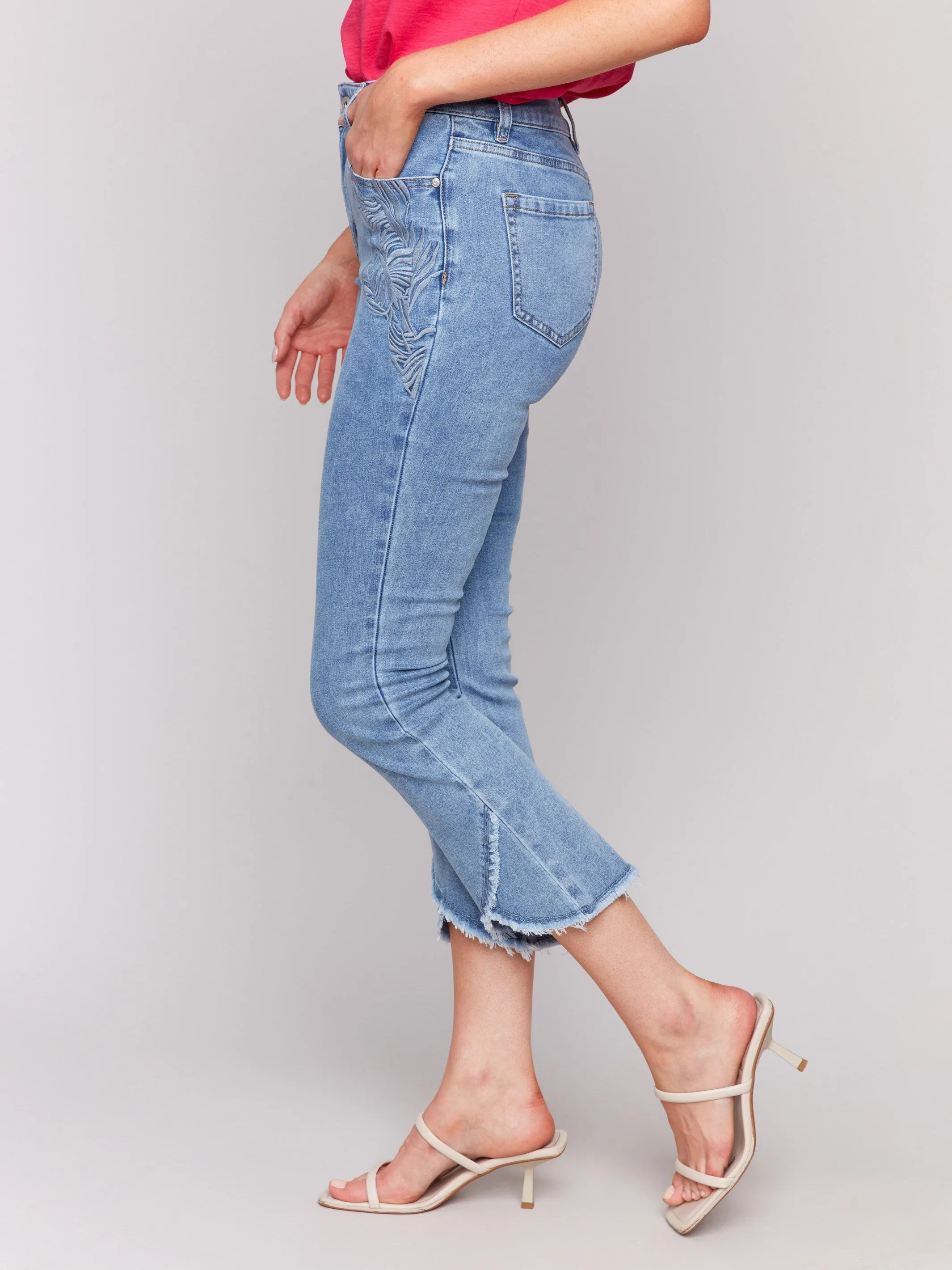 Embroidered Bootcut Jeans with Tulip Hem - Light Blue