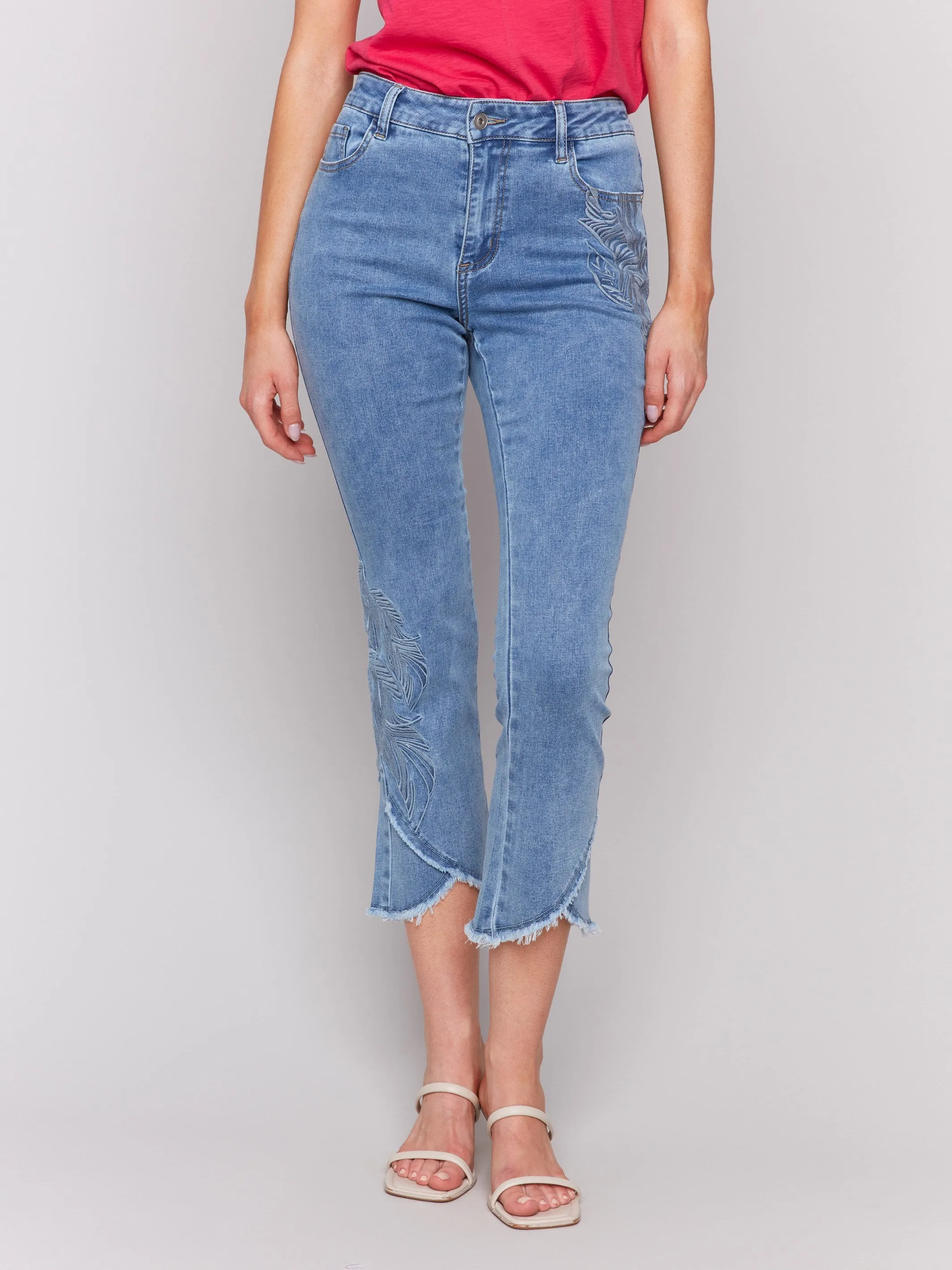 Embroidered Bootcut Jeans with Tulip Hem - Light Blue