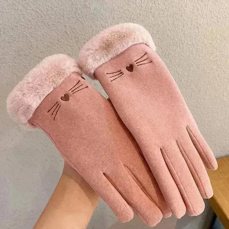 Fleece Lined Padded Warm Keeping Cute Suede Riding Gloves