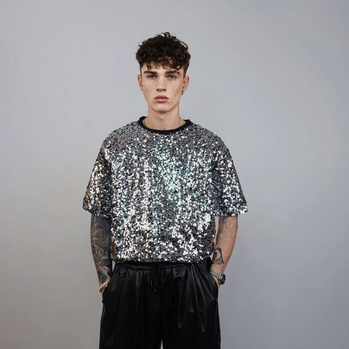 Heavy sequin t-shirt black glitter top sparkle jumper party pullover glam rock jumper fancy dress embellished going out dark metallic tee