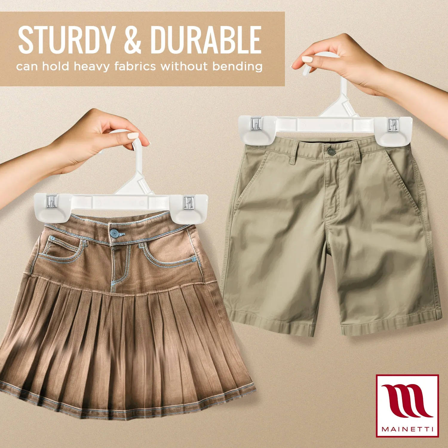 Mainetti 1004, 8" White all Plastic, Pant Skirt Slack Bottom Hangers, with sturdy plastic non-slip clips