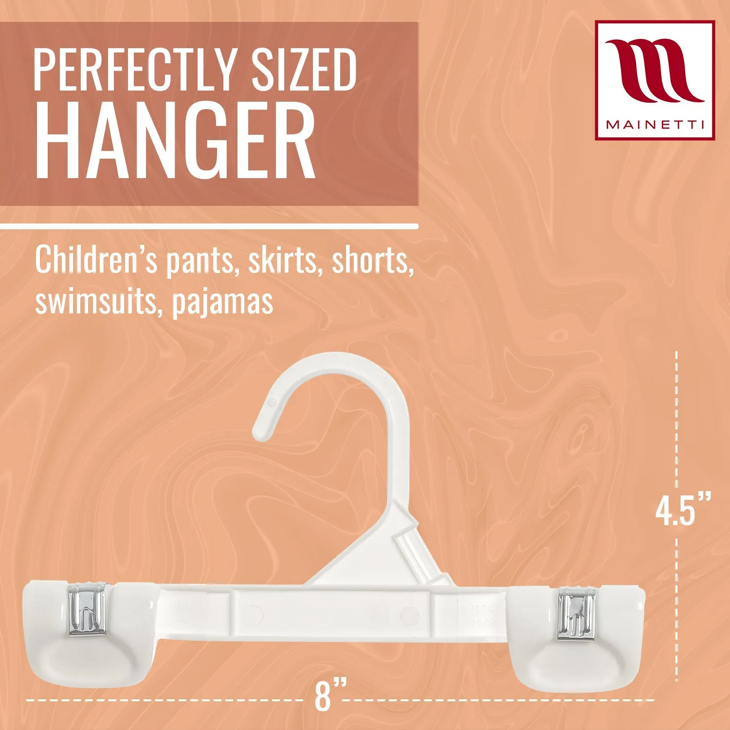 Mainetti 1004, 8" White all Plastic, Pant Skirt Slack Bottom Hangers, with sturdy plastic non-slip clips
