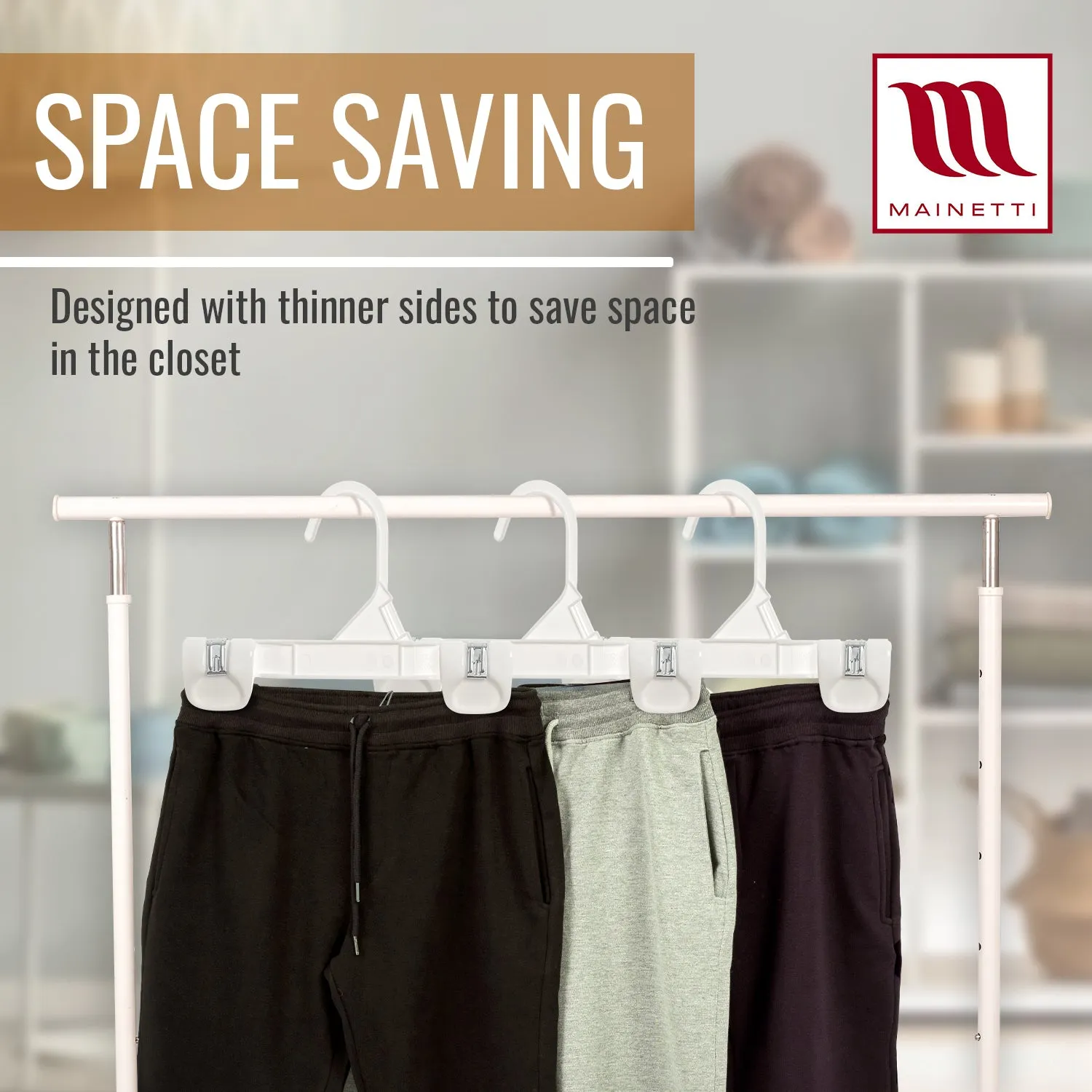 Mainetti 1004, 8" White all Plastic, Pant Skirt Slack Bottom Hangers, with sturdy plastic non-slip clips