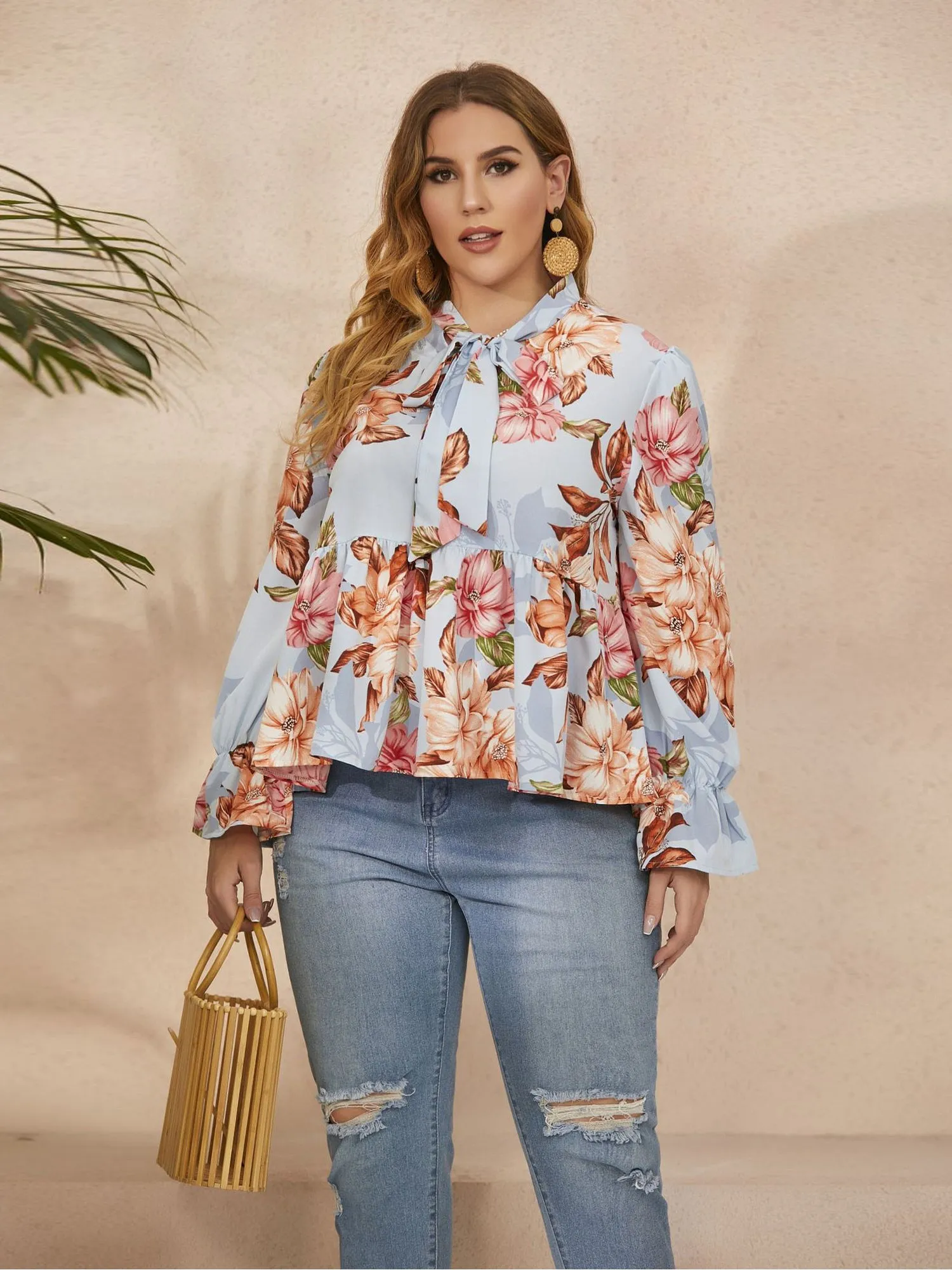 Midsize Floral Print Pussy Bow Blouse