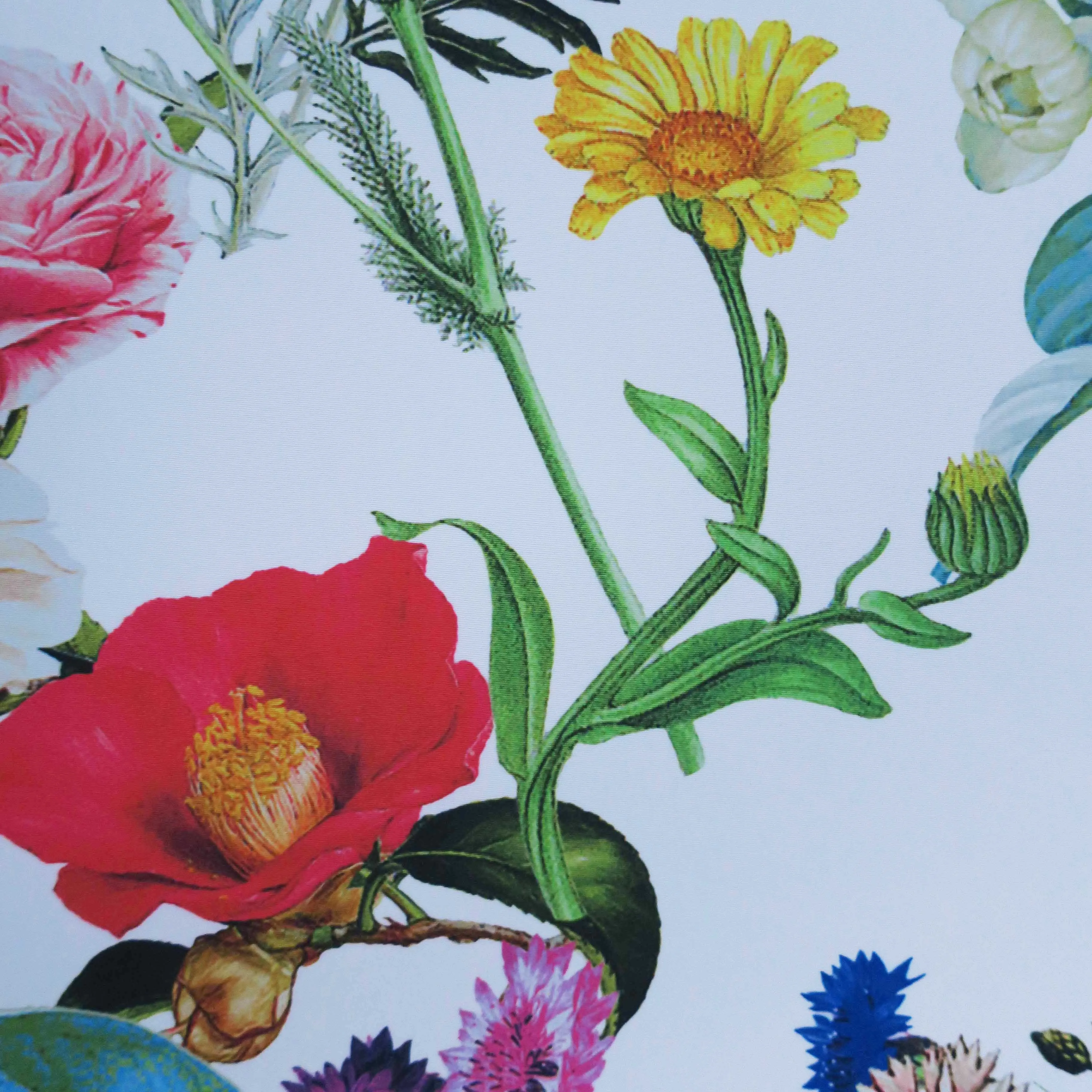 Multicolored Floral on White Printed Polyester Crepe
