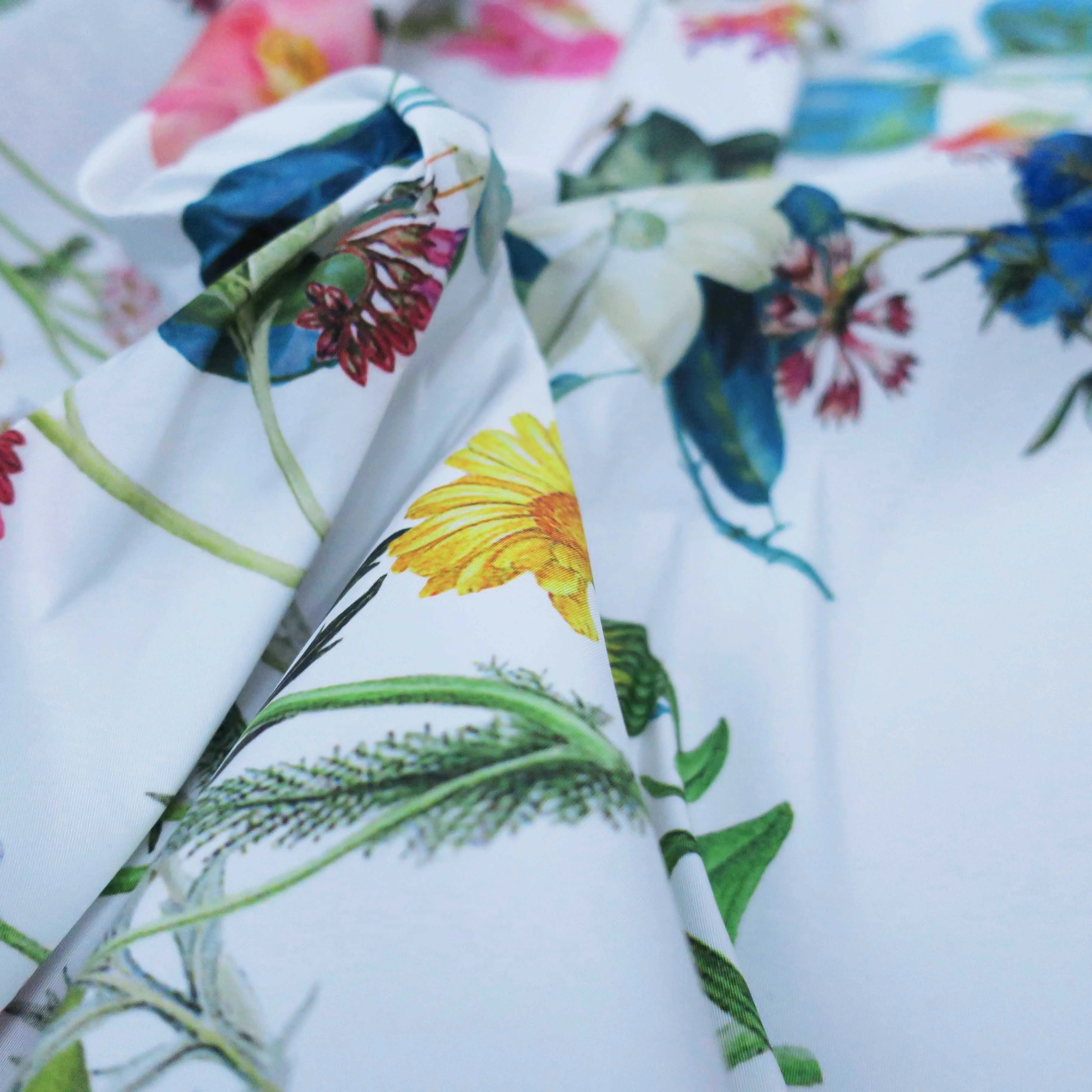 Multicolored Floral on White Printed Polyester Crepe