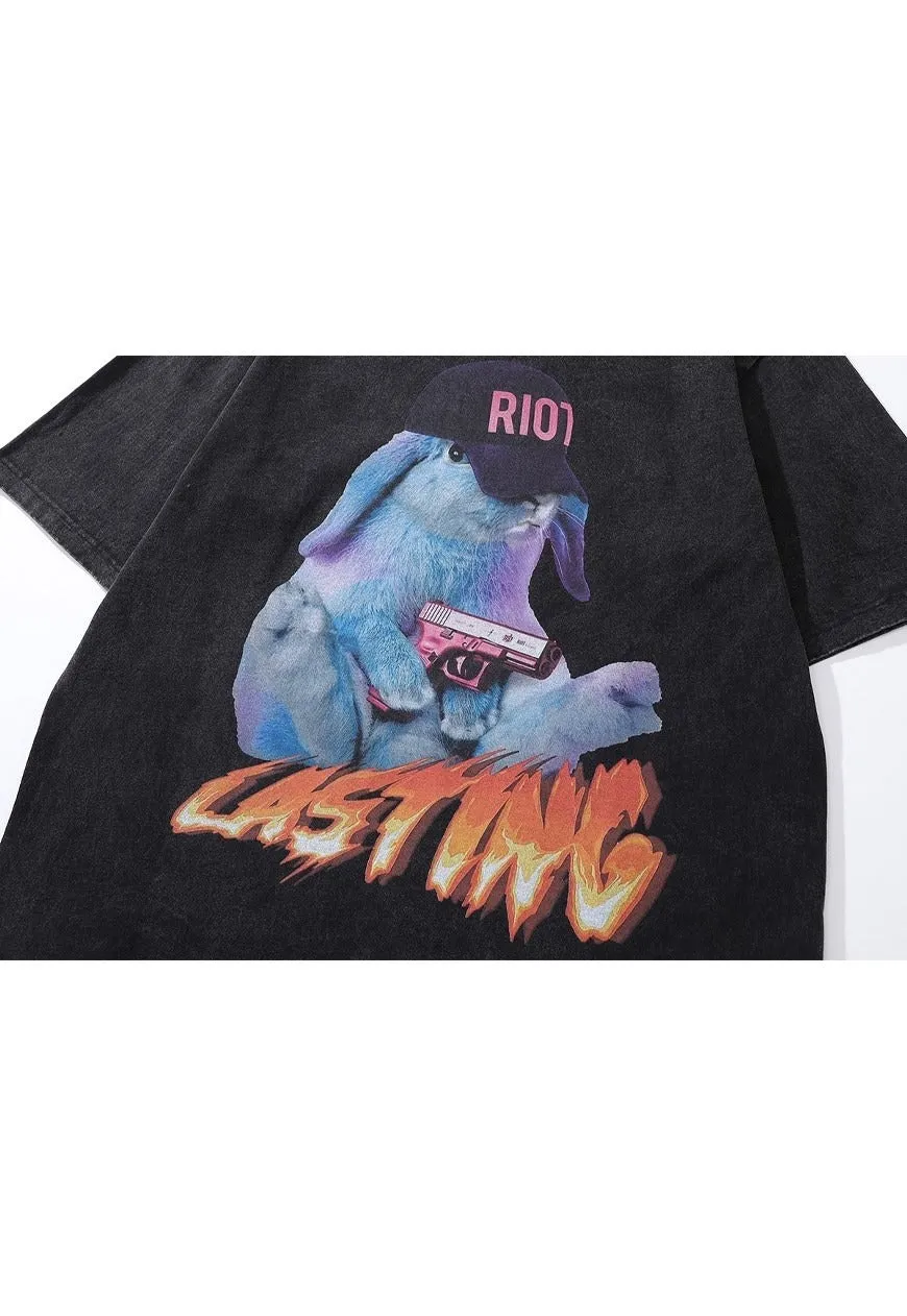 Neon bunny t-shirt psychedelic tee 80s top in vintage grey