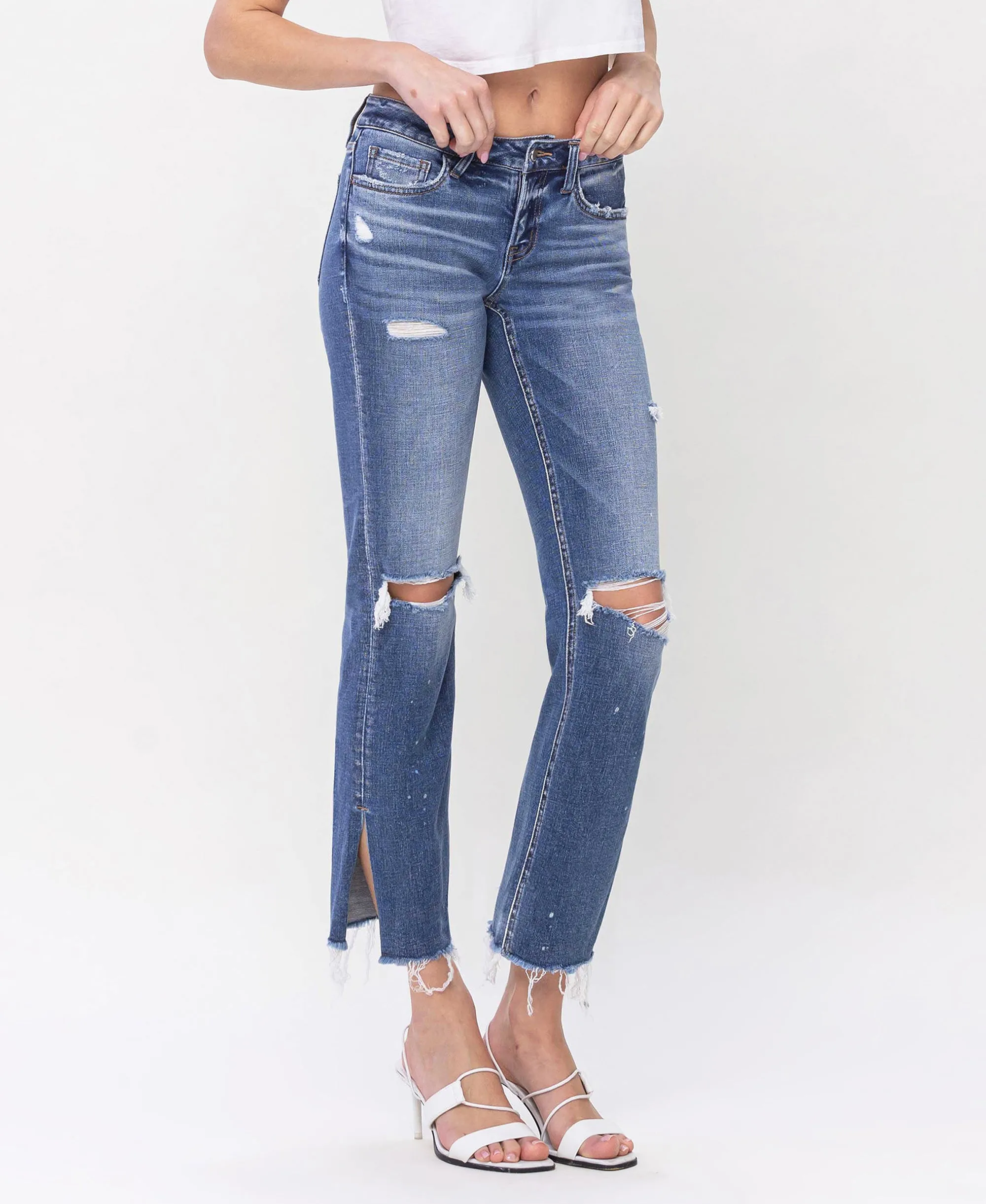 Novelty - Low Rise Distressed Split Hem Straight Jeans