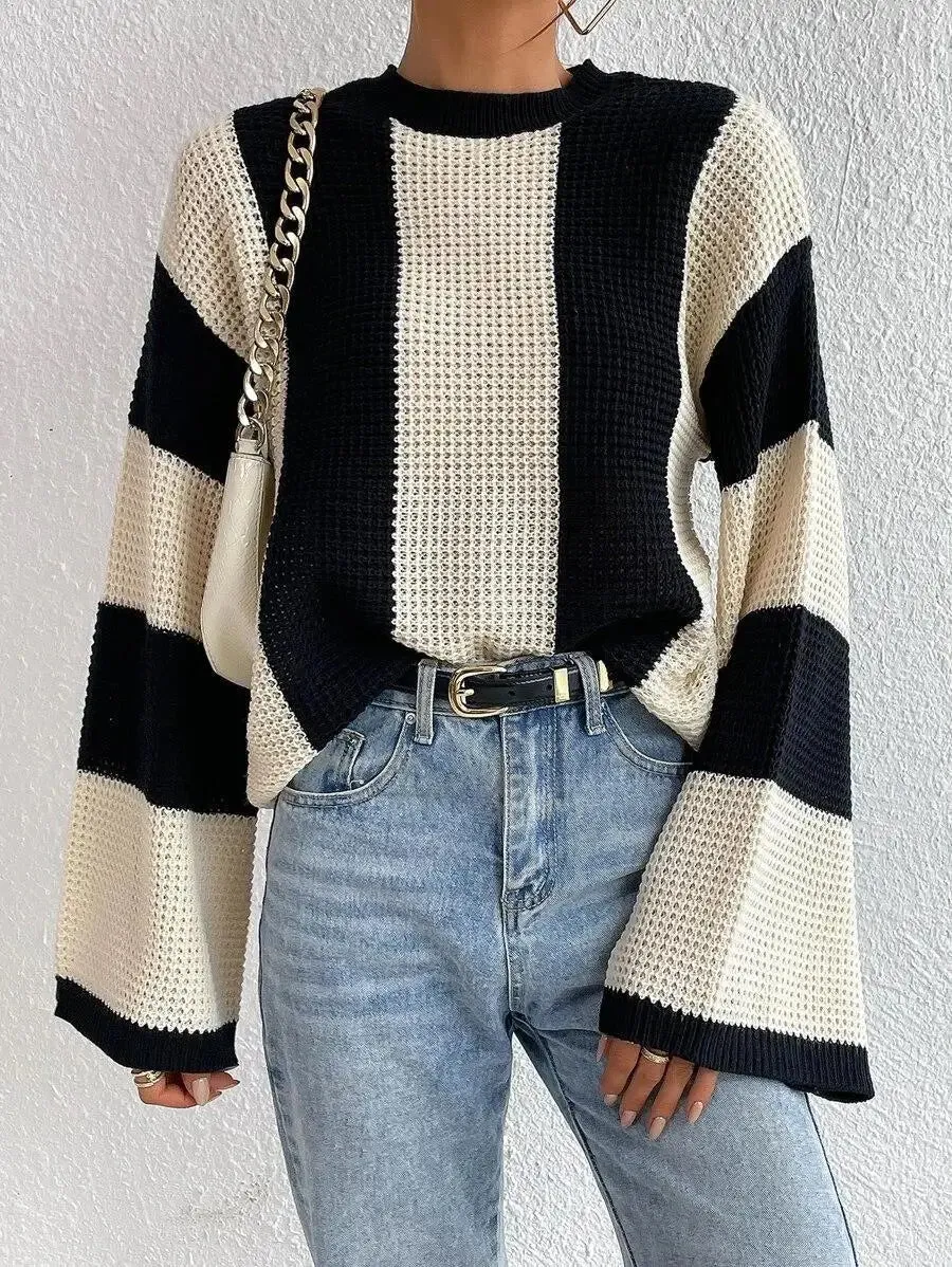 O-Neck Knitted Pullover  Flare Sleeve Crochet Y2K Sweater