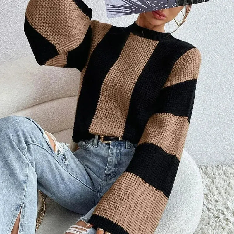O-Neck Knitted Pullover  Flare Sleeve Crochet Y2K Sweater