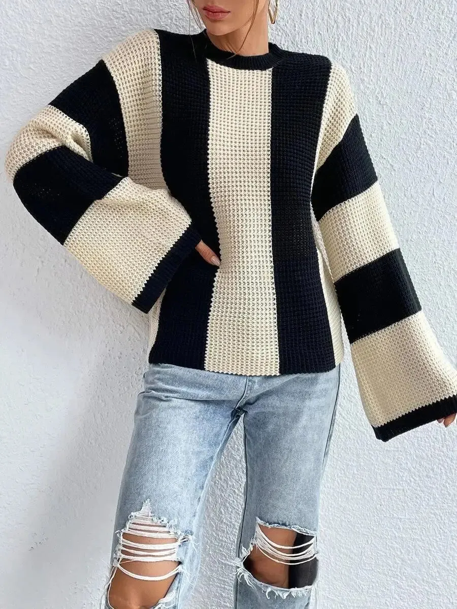 O-Neck Knitted Pullover  Flare Sleeve Crochet Y2K Sweater