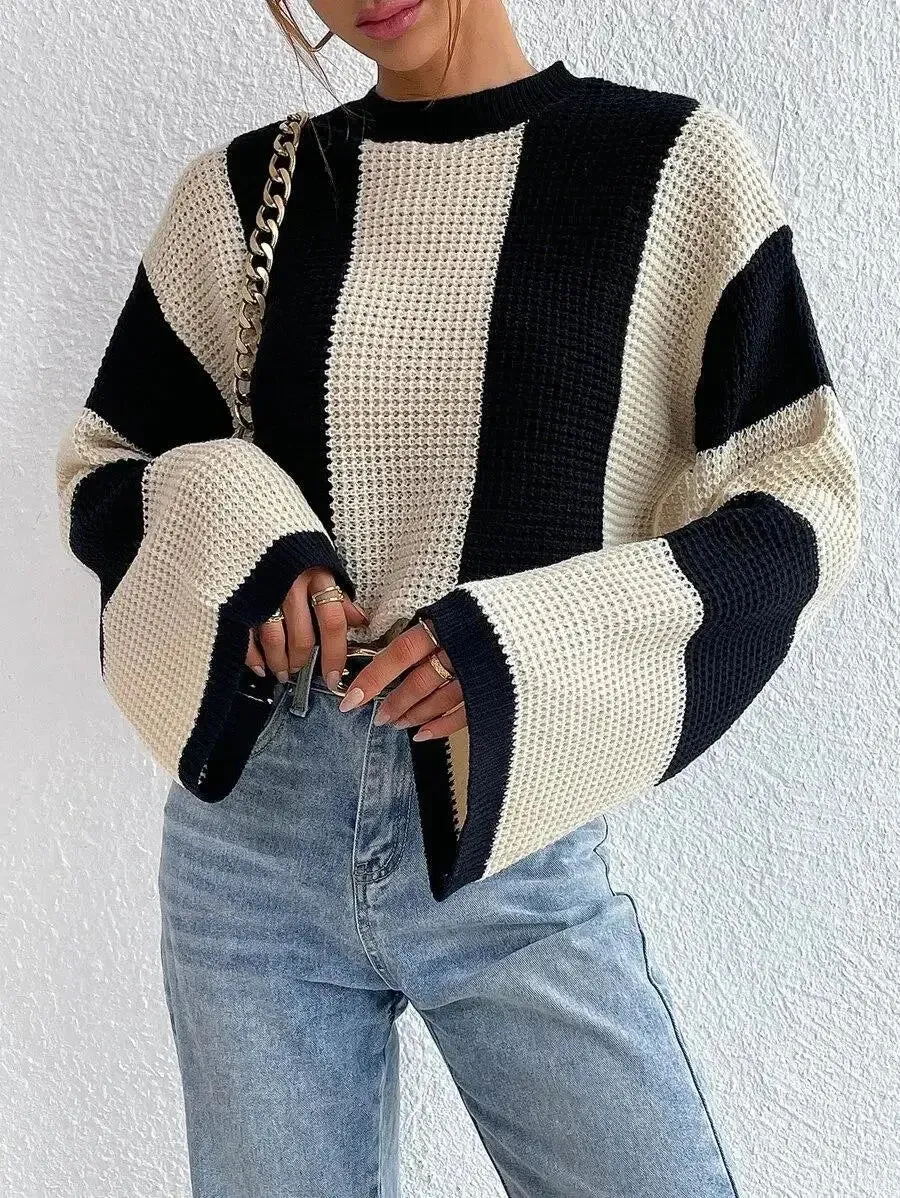 O-Neck Knitted Pullover  Flare Sleeve Crochet Y2K Sweater
