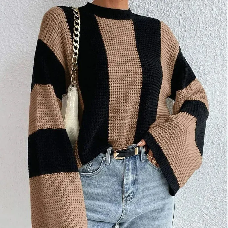 O-Neck Knitted Pullover  Flare Sleeve Crochet Y2K Sweater