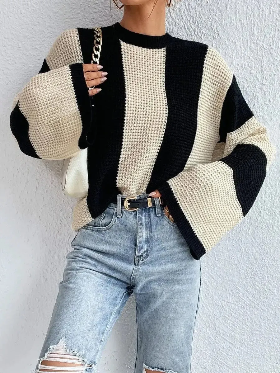 O-Neck Knitted Pullover  Flare Sleeve Crochet Y2K Sweater