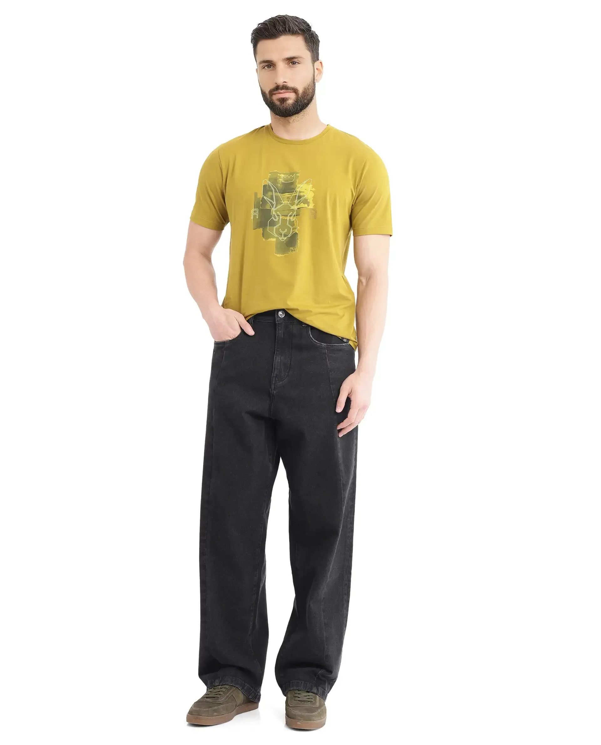 Rare Rabbit Men Janik Grey Cotton Spandex Fabric Mid Wash Button and Zip Closure Baggy Fit Pintuck Detail Plain Denim Pant